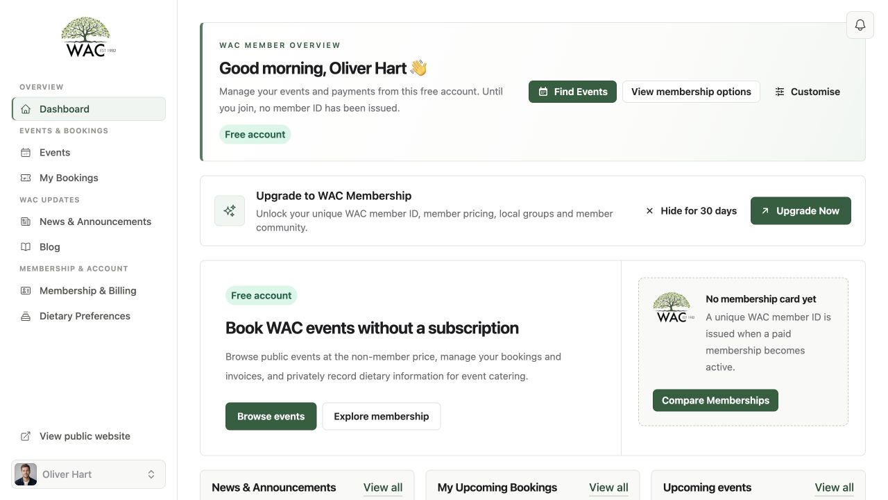 Free WAC account dashboard example